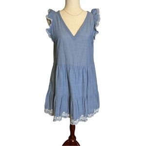 LOFT Chambray Blue Ruffle Sleeve Mini Dress with White Embroidery